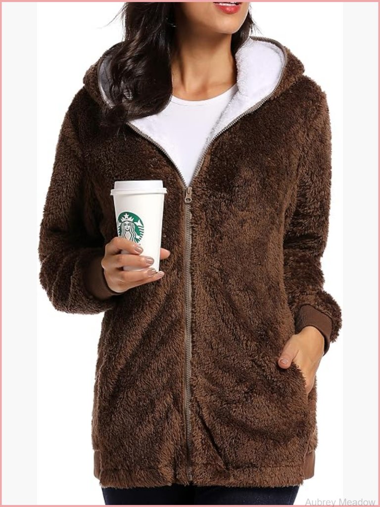 Women's Oversized Fleece Zip Up Hooded Jacket Winter Plus Size Coat